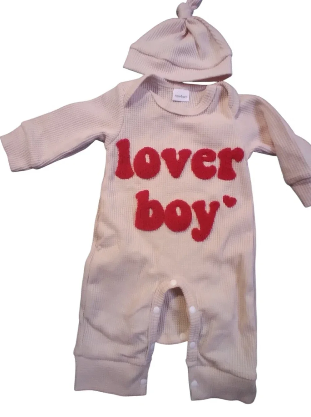 New Newborn Baby Boy Onesie With Hat. Cream Waffle Knit With Embossed Lover Boy